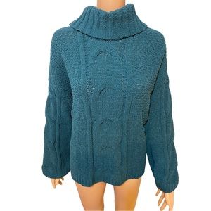 Cable Knit Oversized Deep Teal Cowl Neck Sweater Seven7 Long Sleeve Cozy Top